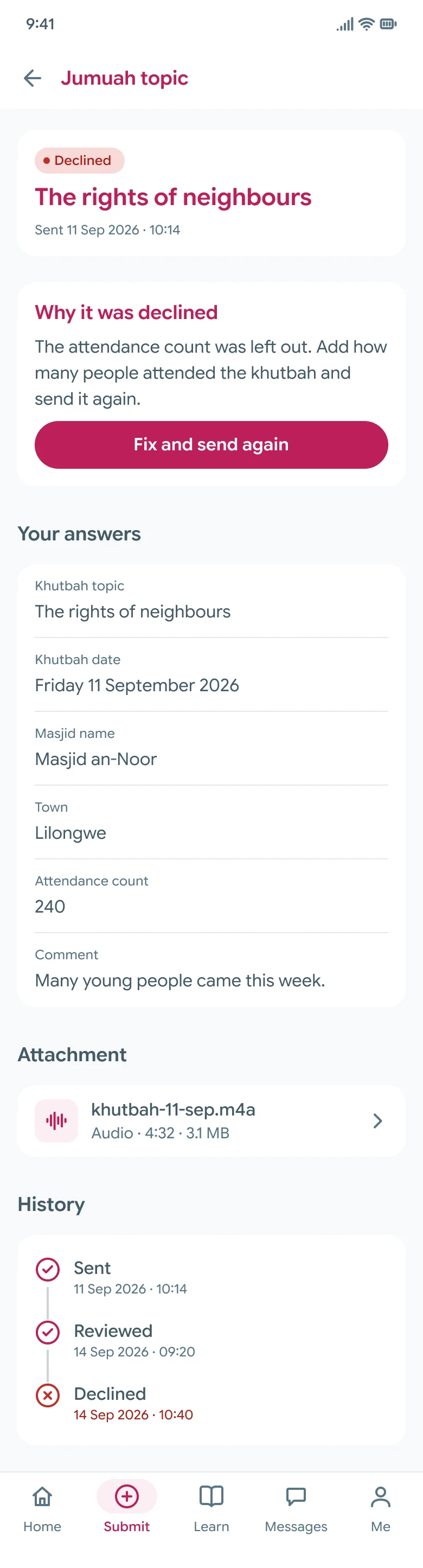 The declined submission as the imam sees it: Why it was declined, the staff member’s reason, a Fix and send again button, his answers and the history ending in Declined