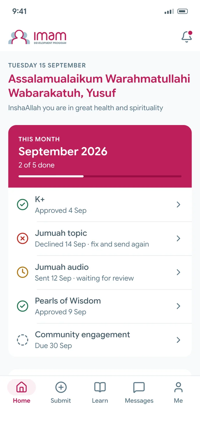 The imam’s Home: a greeting to Yusuf, a card for September 2026 with 2 of 5 done, and the five monthly items with their status