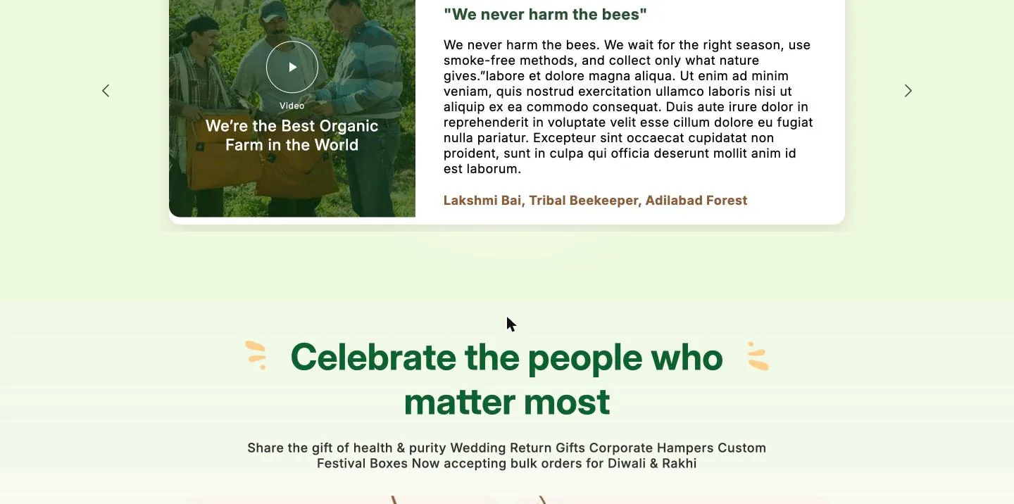 The old Meet the Farmers section with lorem ipsum text and a stock video