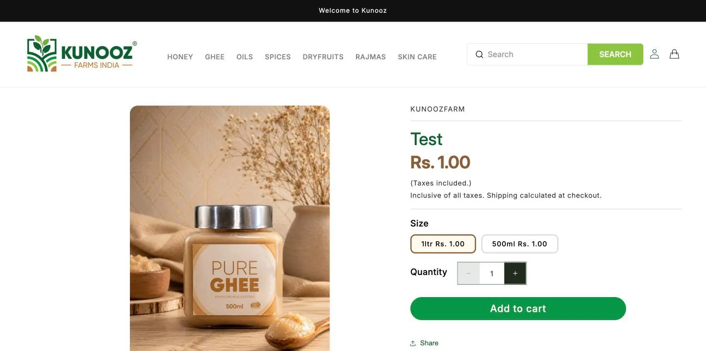 A live product page showing a product named Test priced at one rupee