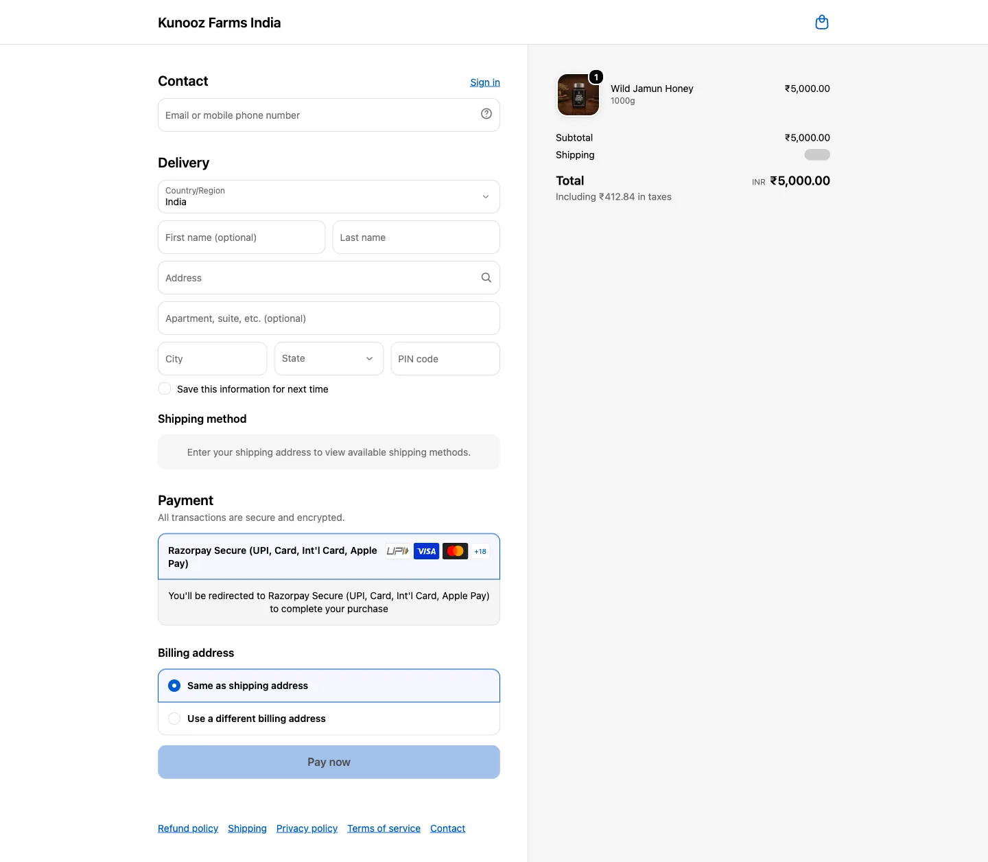 The Shopify checkout for the same cart: contact, delivery address, shipping method shown after the address, payment through Razorpay, and the order summary with tax included