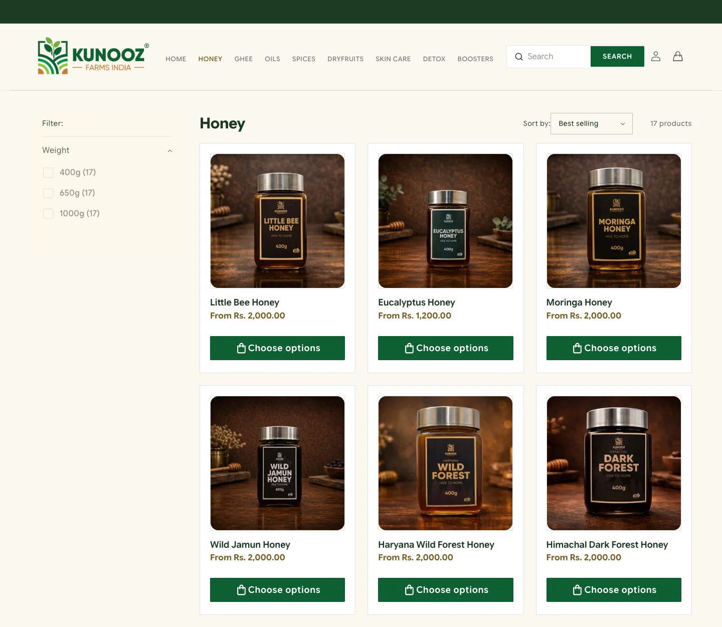 The Honey collection page after the restyle, a grid of jars on cream with green type