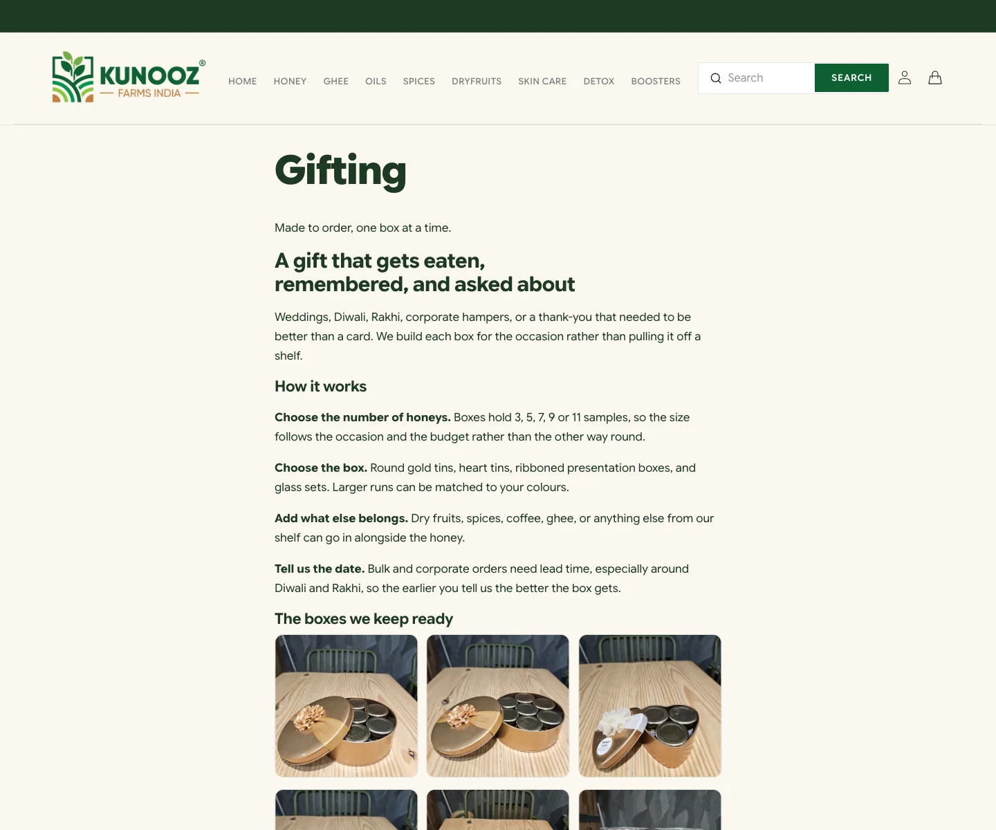 The new gifting page with copy about hampers and a call to enquire