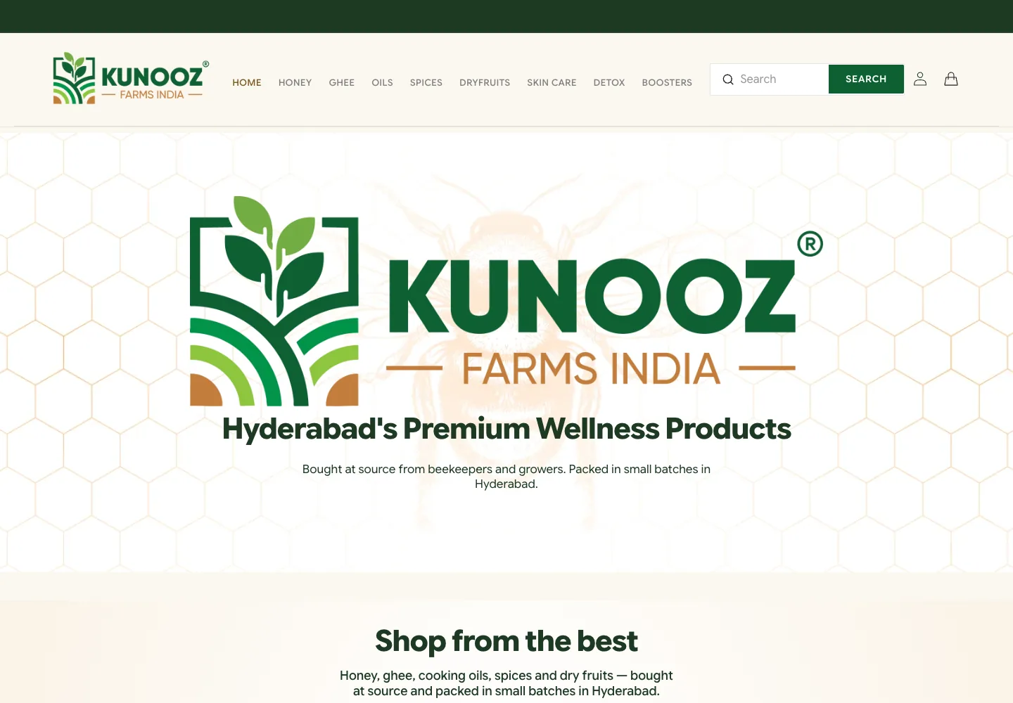 Kunooz Farms homepage after the restyle, cream background, green and copper brand colours, eight product categories in a row