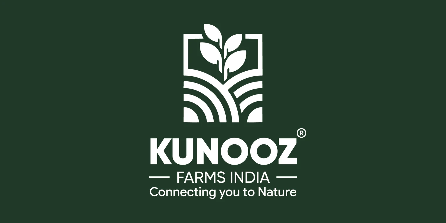 Kunooz Farms logo in white on forest green: a sprouting plant in a square frame over curved fields, the wordmark Kunooz, Farms India, and the line Connecting you to Nature