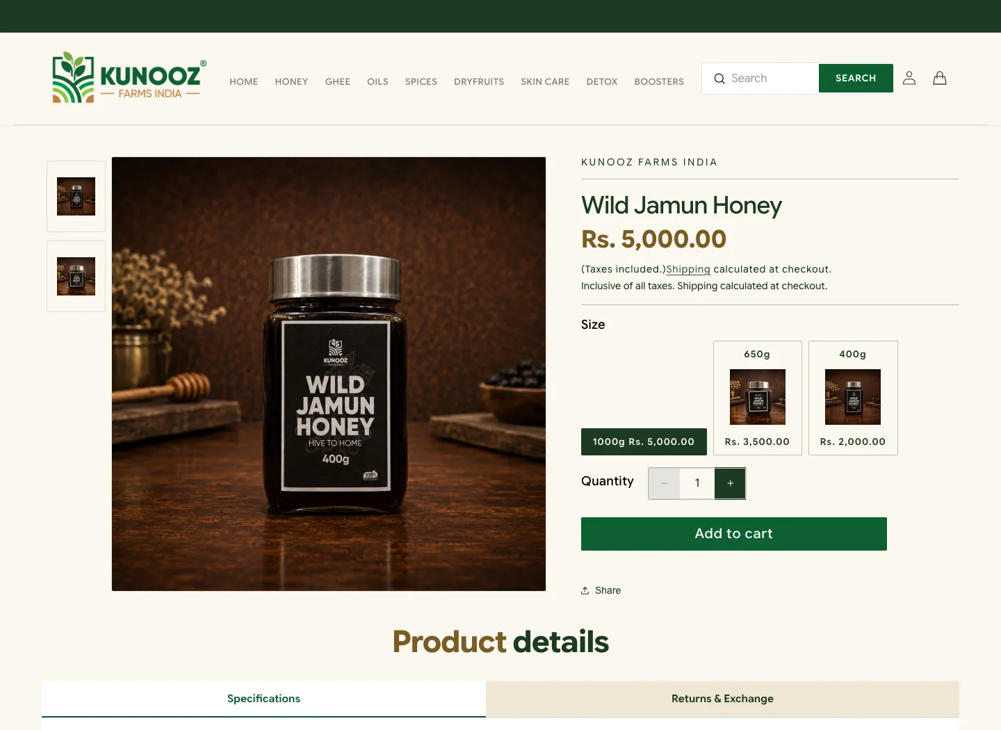 Wild Jamun Honey product page with the jar photo, three sizes with their own photos, and the product details tabs